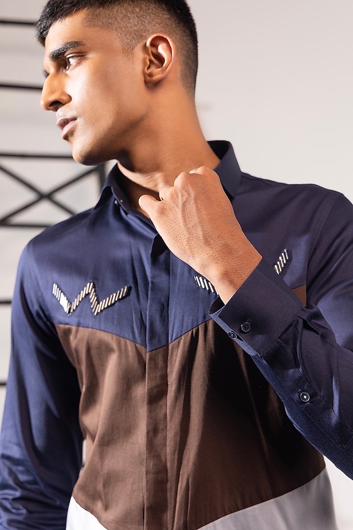 Multi-Colored Cotton Color-Blocked Party Wear Shirt by SEVENDC MEN at Pernia's Pop Up Shop