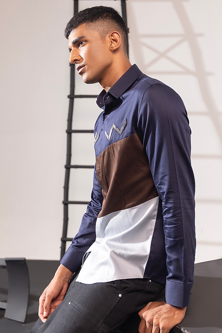Multi-Colored Cotton Color-Blocked Party Wear Shirt by SEVENDC MEN at Pernia's Pop Up Shop