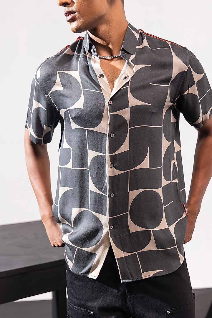 Grey Cotton Satin Printed Summer Shirt by SEVENDC MEN at Pernia's Pop Up Shop