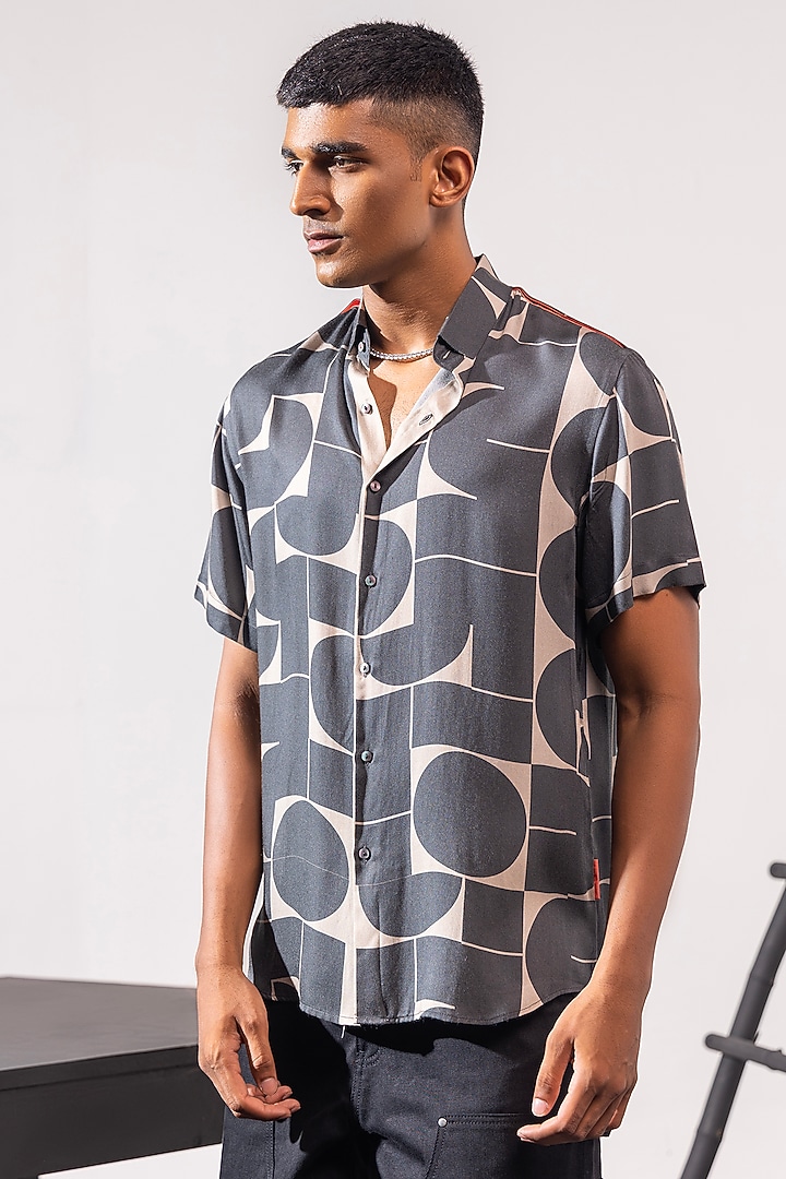 Grey Cotton Satin Printed Summer Shirt by SEVENDC MEN at Pernia's Pop Up Shop