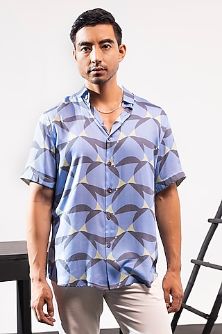 Sky Blue Cotton Satin Shirt by SEVENDC MEN