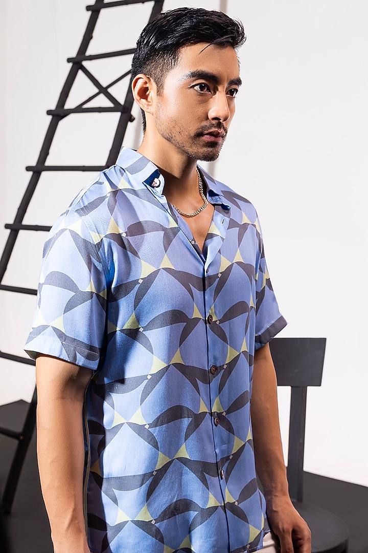 Sky Blue Cotton Satin Summer Shirt by SEVENDC MEN at Pernia's Pop Up Shop