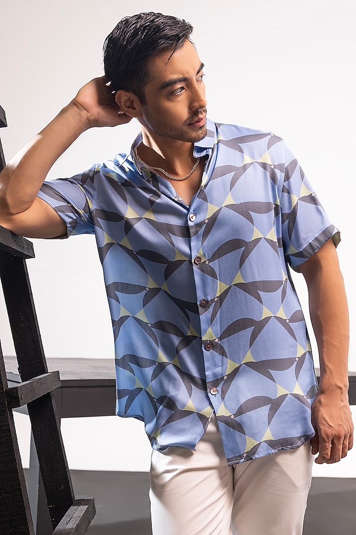 Sky Blue Cotton Satin Summer Shirt by SEVENDC MEN at Pernia's Pop Up Shop