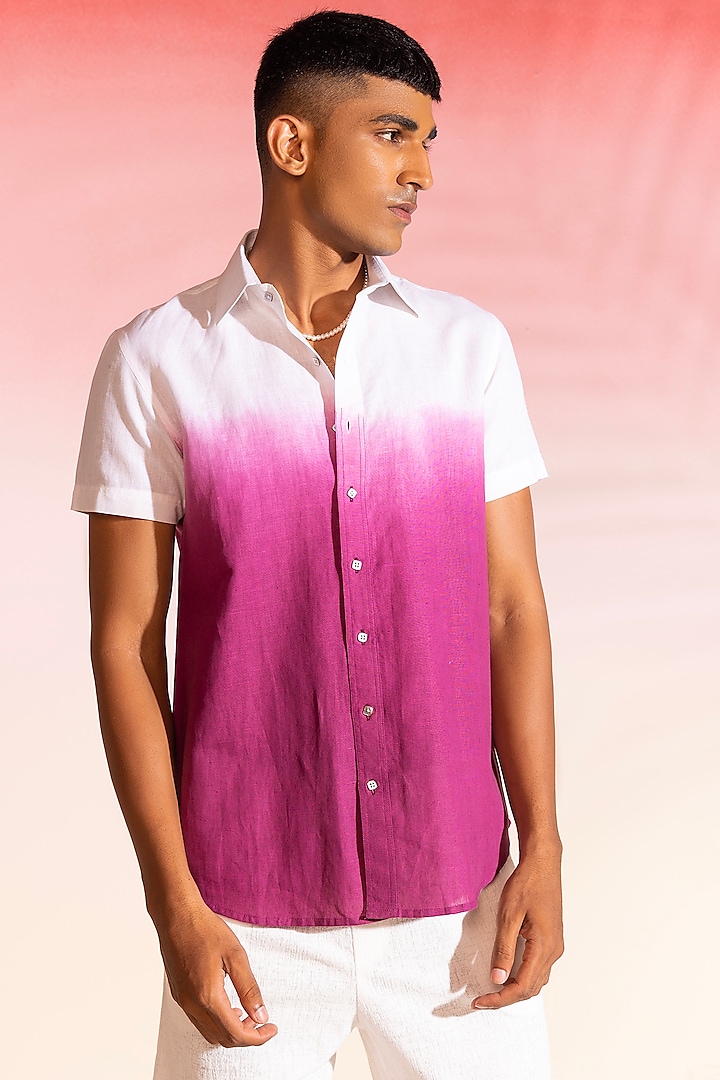 White & Purple Ombre Cotton Satin Shirt by SEVENDC MEN