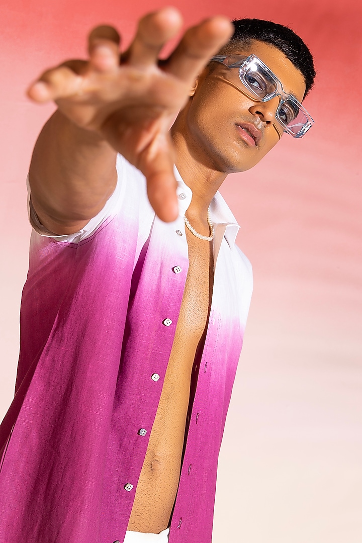 White & Purple Ombre Cotton Satin Summer Shirt by SEVENDC MEN at Pernia's Pop Up Shop