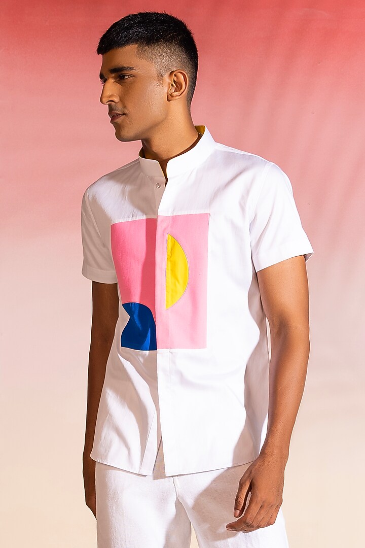 White Cotton Satin Printed Summer Shirt by SEVENDC MEN at Pernia's Pop Up Shop