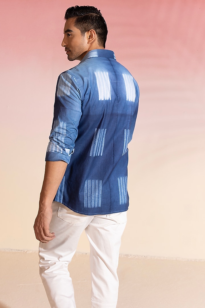 Blue Cotton Satin Printed Party Wear Shirt by SEVENDC MEN at Pernia's Pop Up Shop