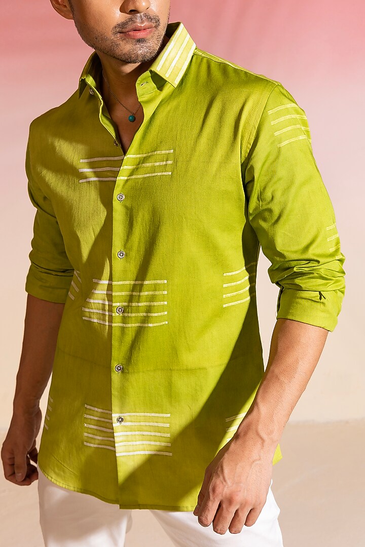 Green Cotton Satin Party Wear Shirt by SEVENDC MEN at Pernia's Pop Up Shop