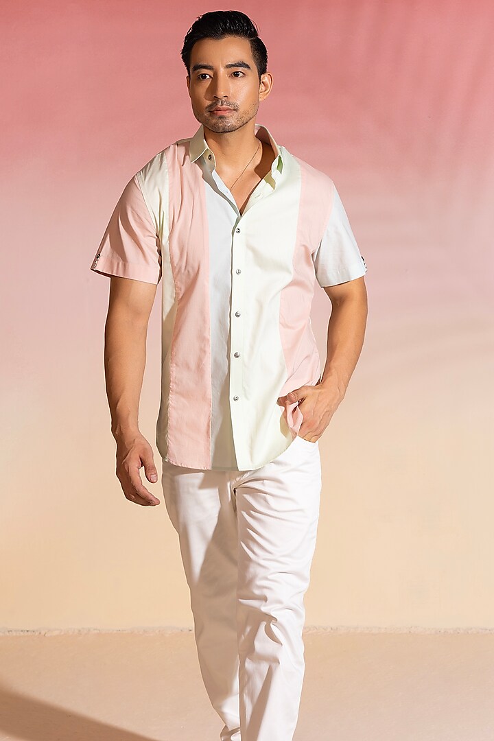 White & Pink Cotton Satin Bowling Shirt by SEVENDC MEN