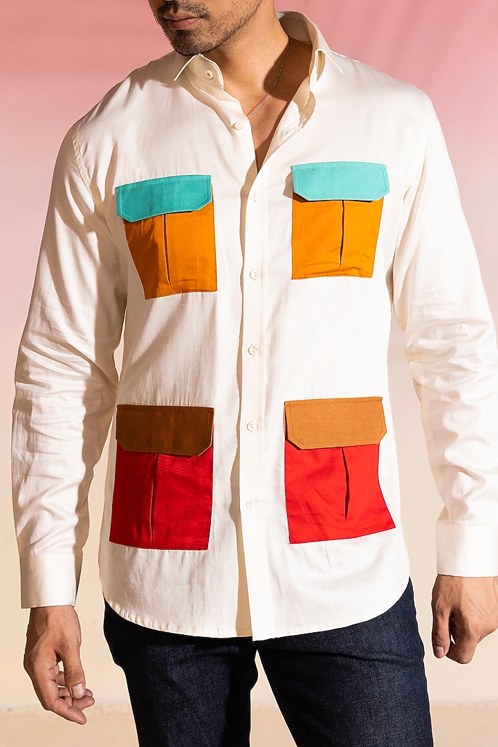 Ivory Cotton Satin Safari Party Wear Shirt by SEVENDC MEN at Pernia's Pop Up Shop