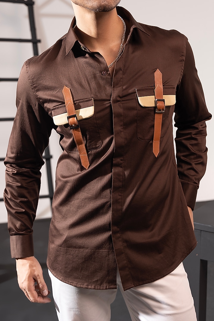 Brown Cotton Satin Party Wear Shirt by SEVENDC MEN at Pernia's Pop Up Shop