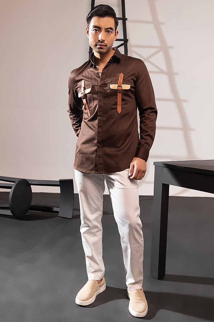 Brown Cotton Satin Party Wear Shirt by SEVENDC MEN at Pernia's Pop Up Shop