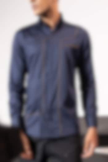 Blue Cotton Satin Shirt by SEVENDC MEN