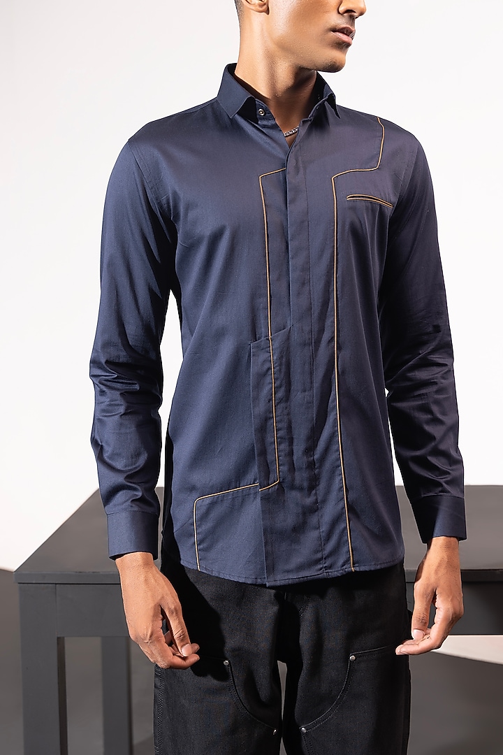 Blue Cotton Satin Party Wear Shirt by SEVENDC MEN at Pernia's Pop Up Shop