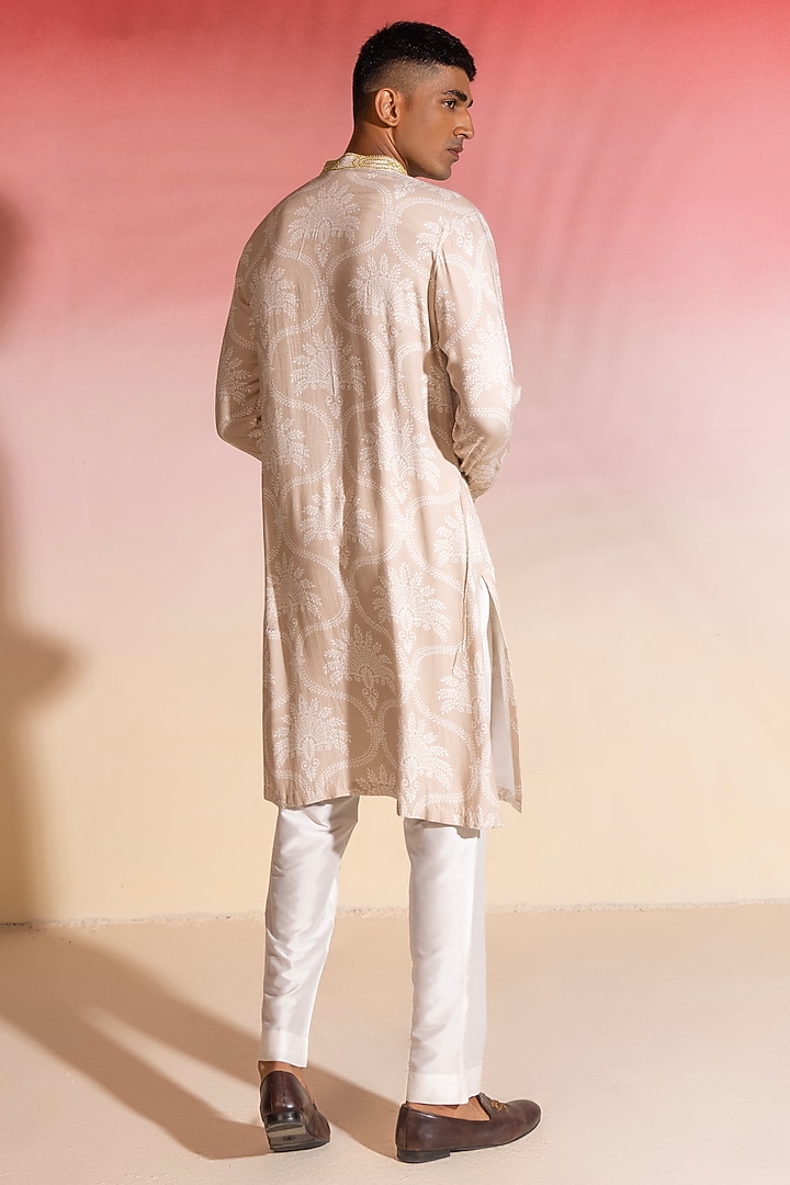 Beige Cotton Viscose Printed & Embroidered Kurta by SEVENDC MEN at Pernia's Pop Up Shop
