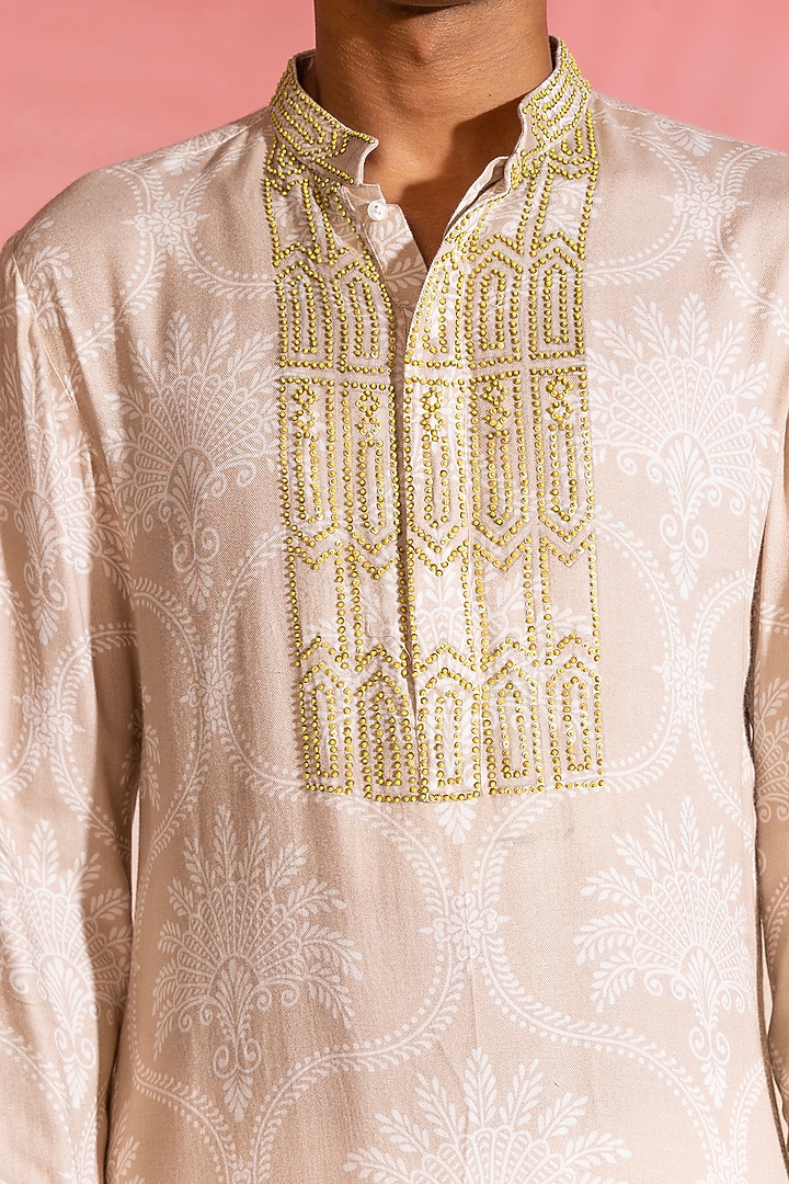 Beige Cotton Viscose Printed & Embroidered Kurta by SEVENDC MEN at Pernia's Pop Up Shop