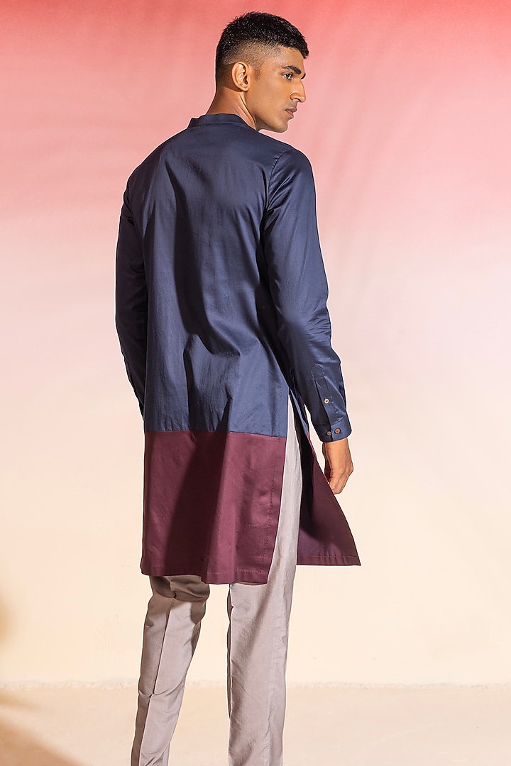 Navy & Wine Cotton Satin Kurta by SEVENDC MEN at Pernia's Pop Up Shop