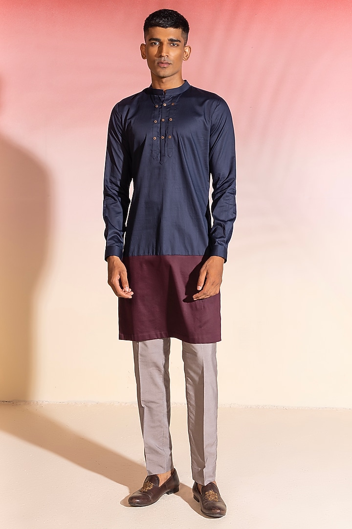 Navy & Wine Cotton Satin Kurta by SEVENDC MEN at Pernia's Pop Up Shop