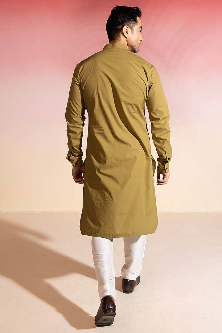 Olive Green Cotton Satin Kurta Set by SEVENDC MEN at Pernia's Pop Up Shop