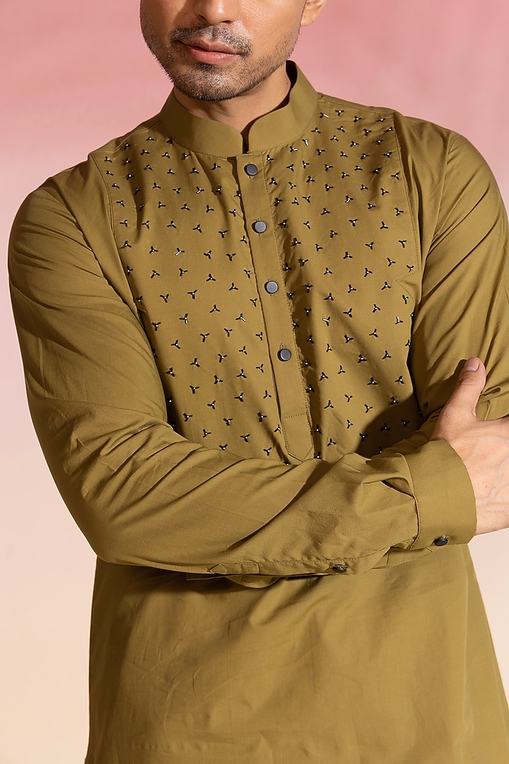 Olive Green Cotton Satin Kurta Set by SEVENDC MEN at Pernia's Pop Up Shop