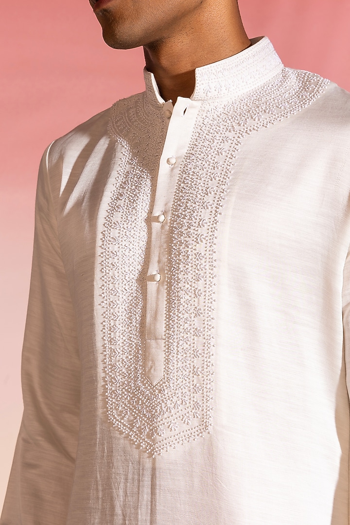 Ivory Cotton Hand Embroidered Kurta by SEVENDC MEN at Pernia's Pop Up Shop