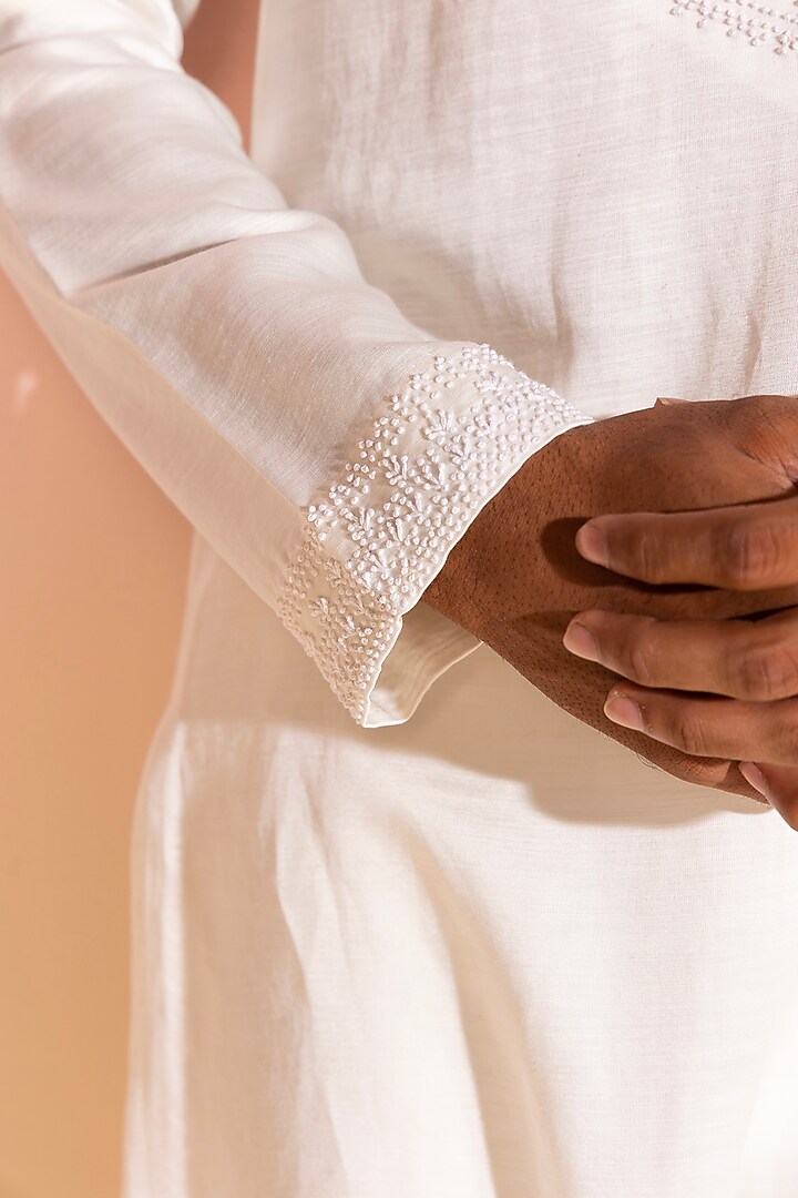 Ivory Cotton Hand Embroidered Kurta by SEVENDC MEN at Pernia's Pop Up Shop