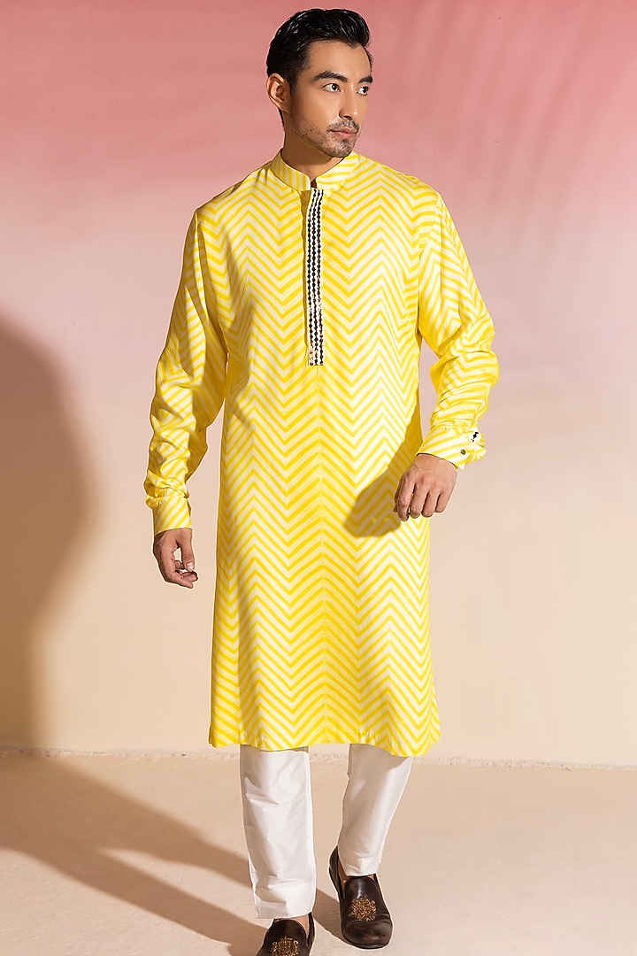 Lemon Cotton Silk Shibori Printed Kurta Set by SEVENDC MEN at Pernia's Pop Up Shop