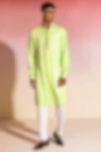 Neon Green Cotton Silk Shibori Printed Kurta Set by SEVENDC MEN