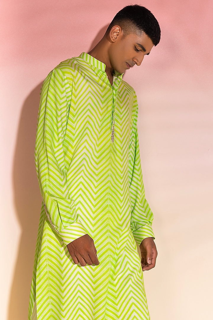 Neon Green Cotton Silk Shibori Printed Kurta Set by SEVENDC MEN at Pernia's Pop Up Shop
