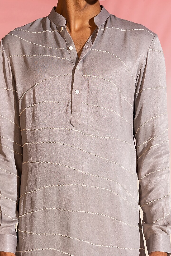 Grey Cotton Hand Embroidered Kurta by SEVENDC MEN at Pernia's Pop Up Shop