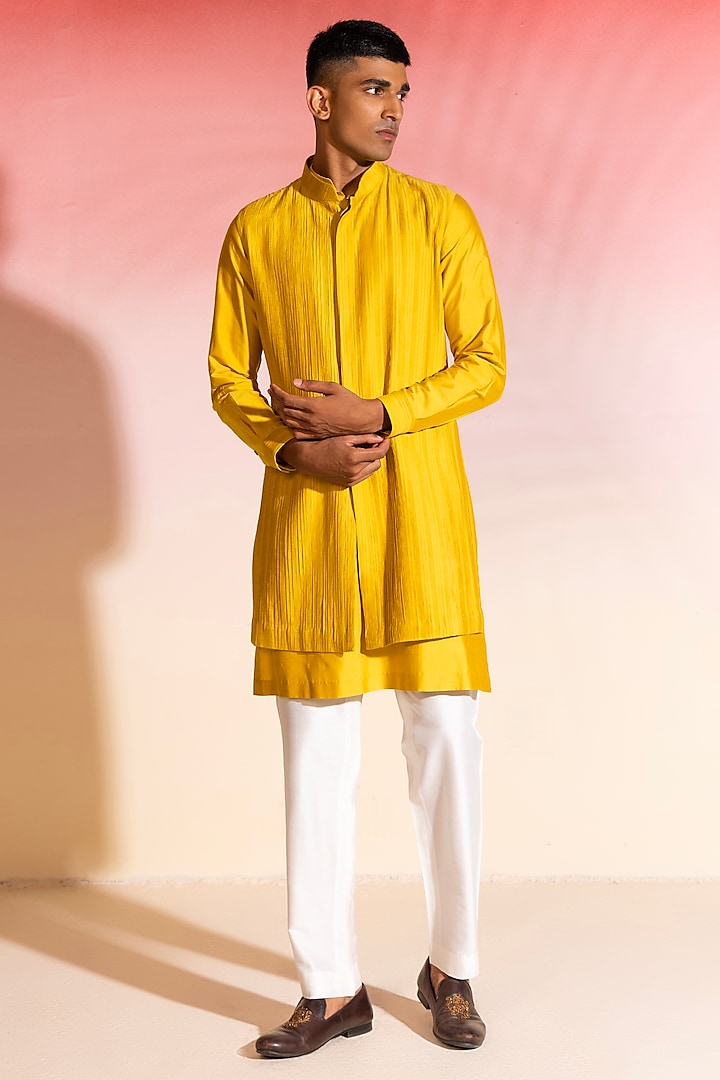 Mustard Cotton Viscose Nehru Jacket Set by SEVENDC MEN
