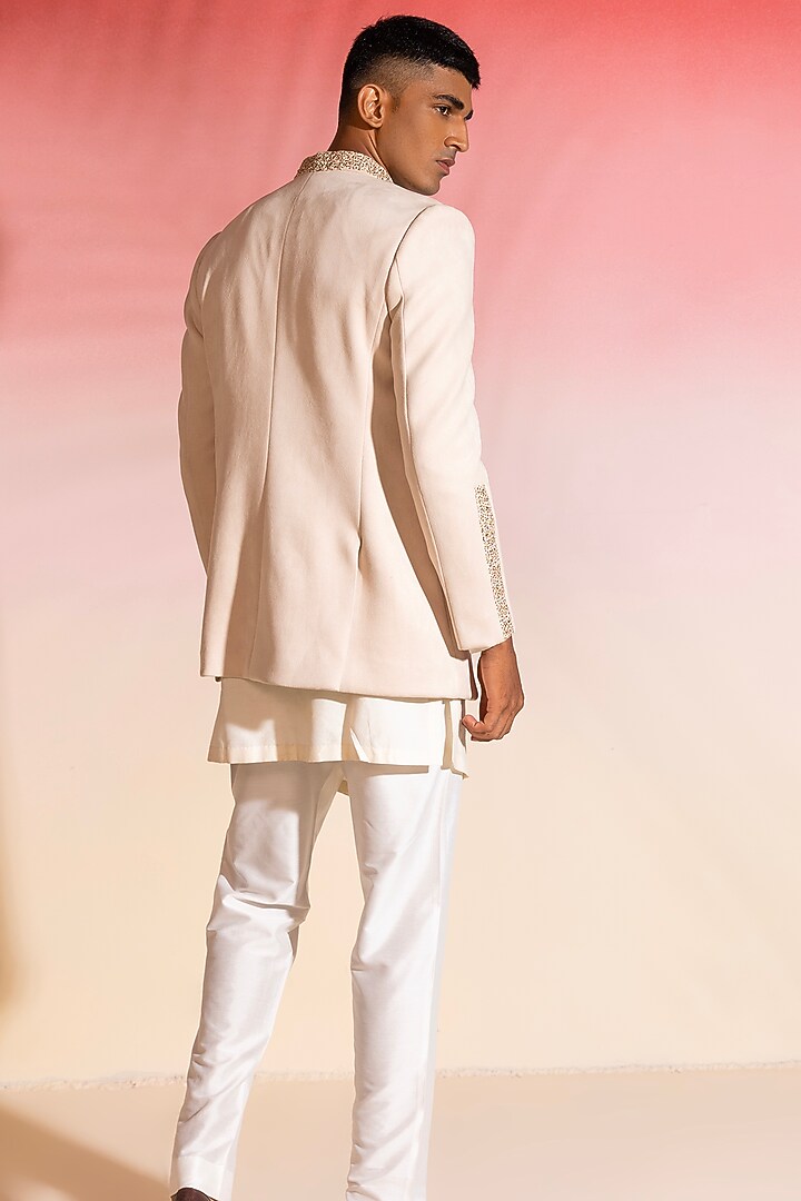 Ivory Cotton Viscose Embroidered Wedding Bandhgala Set by SEVENDC MEN at Pernia's Pop Up Shop