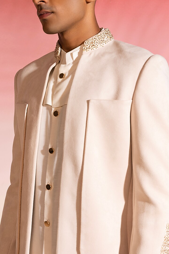 Ivory Cotton Viscose Embroidered Wedding Bandhgala Set by SEVENDC MEN at Pernia's Pop Up Shop
