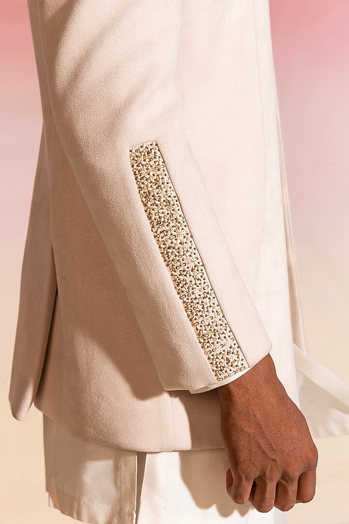 Ivory Cotton Viscose Embroidered Wedding Bandhgala Set by SEVENDC MEN at Pernia's Pop Up Shop