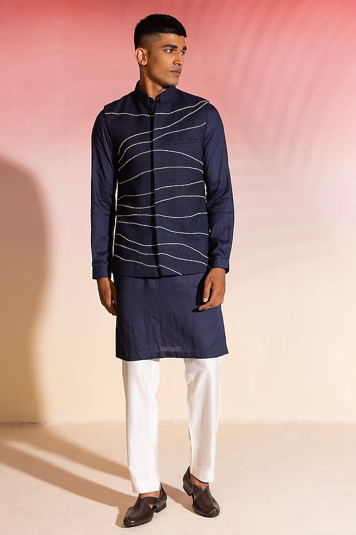 Navy Blue Cotton Hand Embroidered Nehru Jacket Set by SEVENDC MEN