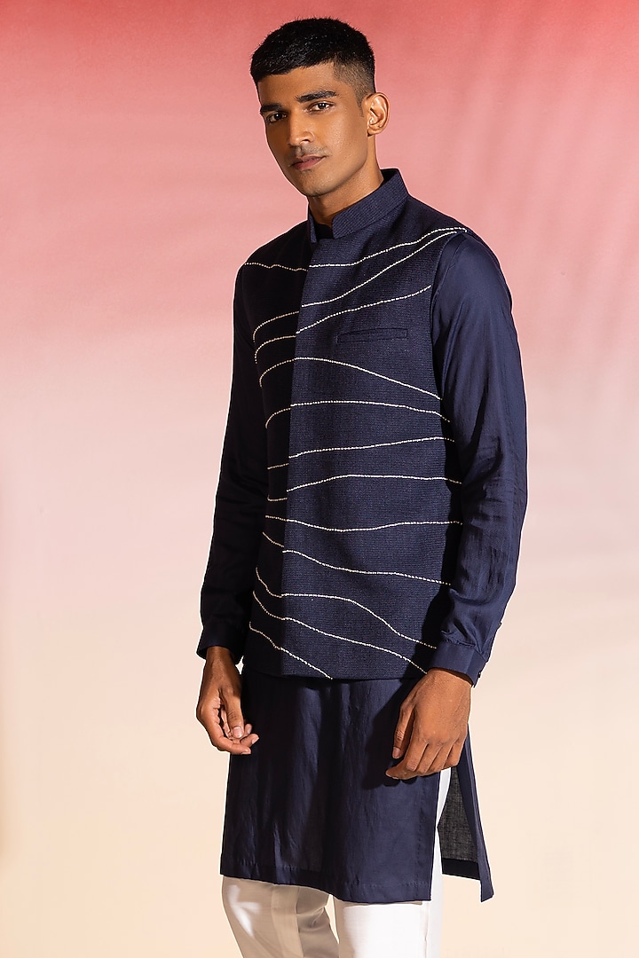 Navy Blue Cotton Hand Embroidered Nehru Jacket Set by SEVENDC MEN at Pernia's Pop Up Shop
