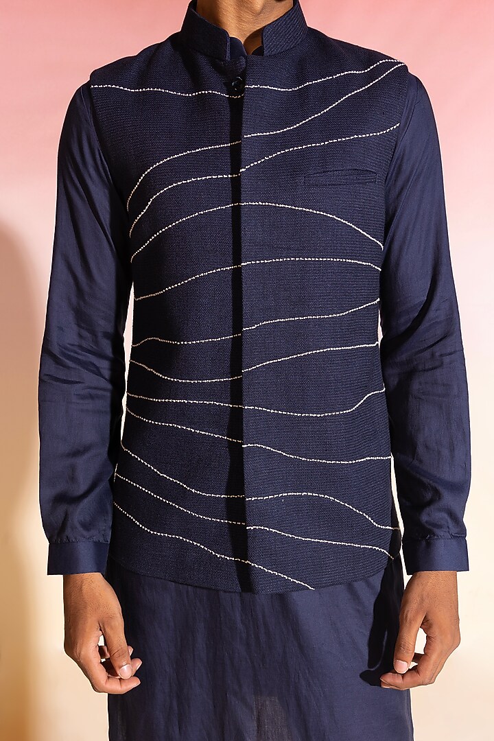 Navy Blue Cotton Hand Embroidered Nehru Jacket Set by SEVENDC MEN at Pernia's Pop Up Shop