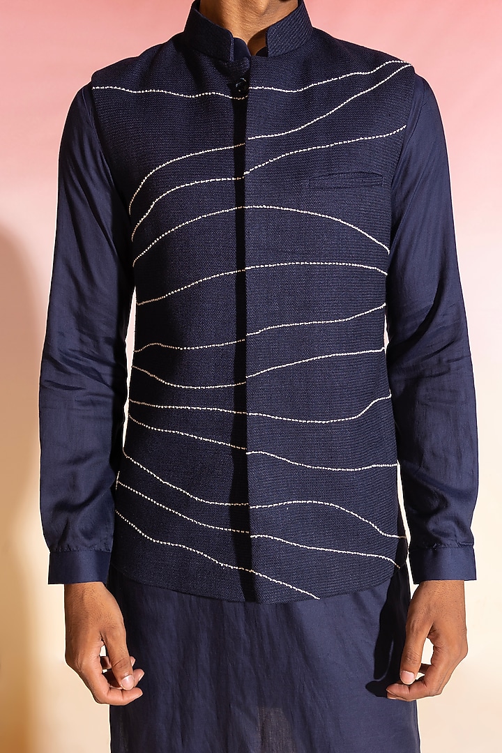 Navy Blue Cotton Hand Embroidered Nehru Jacket by SEVENDC MEN at Pernia's Pop Up Shop