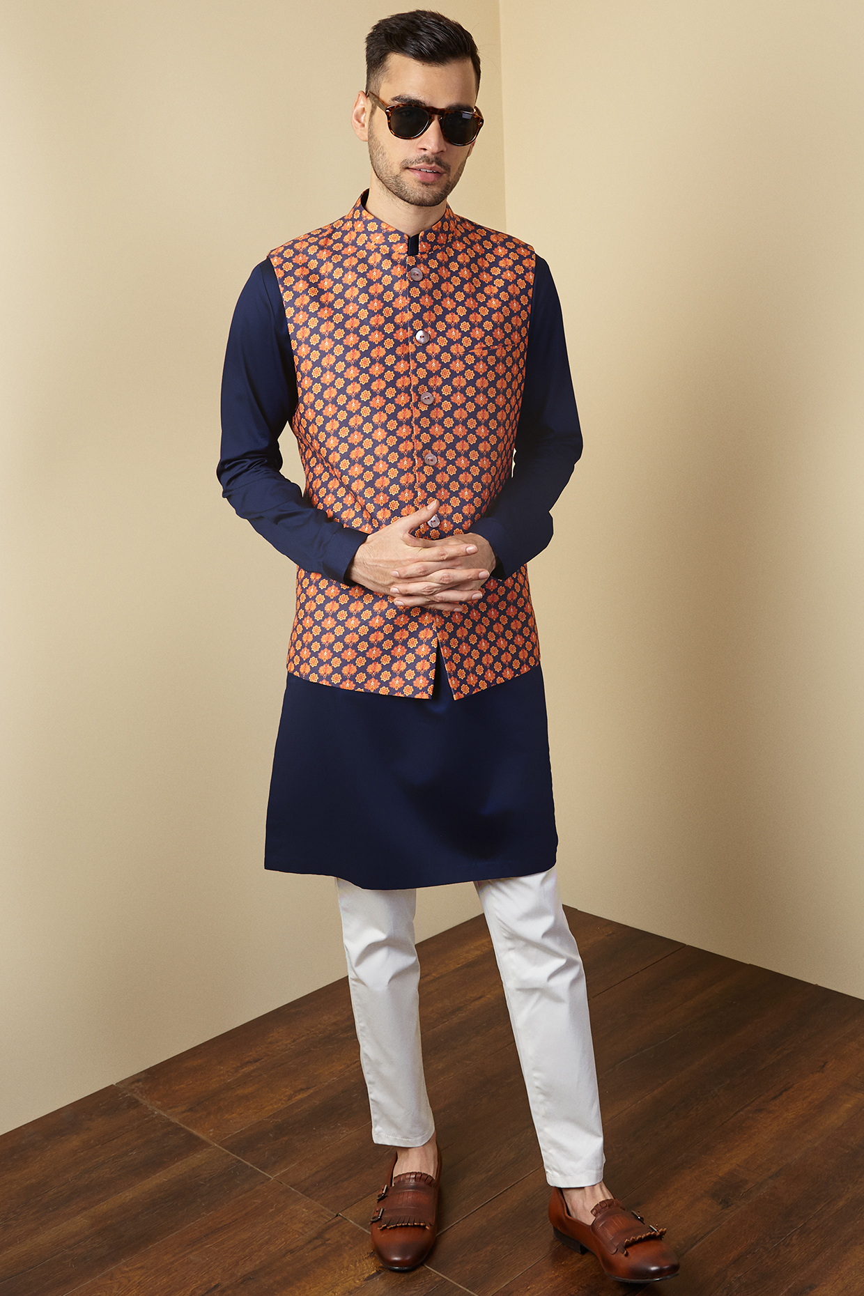 Tangerine Linen Nehru Jacket by SEVENDC MEN at Pernia's Pop Up Shop