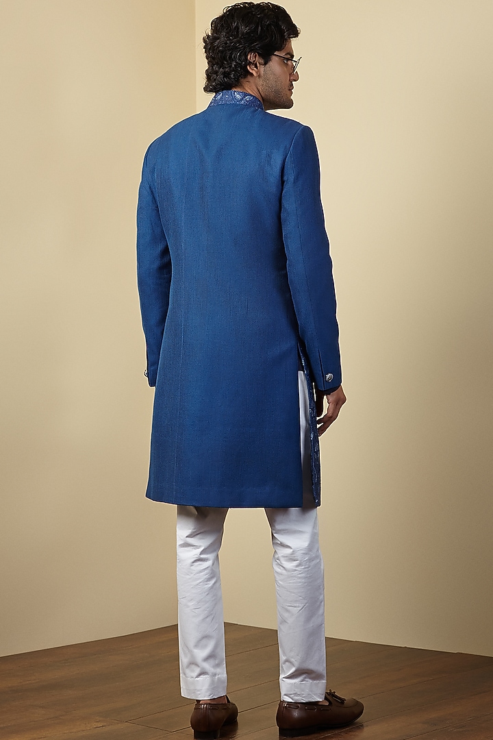 Blue Silk Leaf Motif Work Groom Sherwani Set by SEVENDC MEN at Pernia's Pop Up Shop