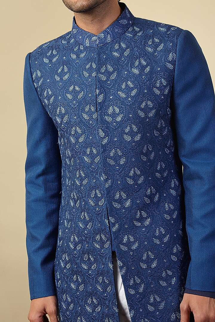 Blue Silk Leaf Motif Work Groom Sherwani Set by SEVENDC MEN at Pernia's Pop Up Shop