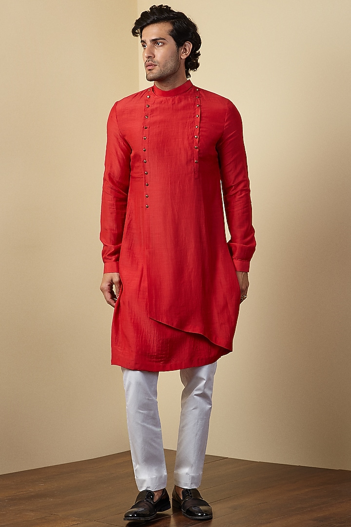 Red Cotton Silk Kurta set by SEVENDC MEN at Pernia's Pop Up Shop