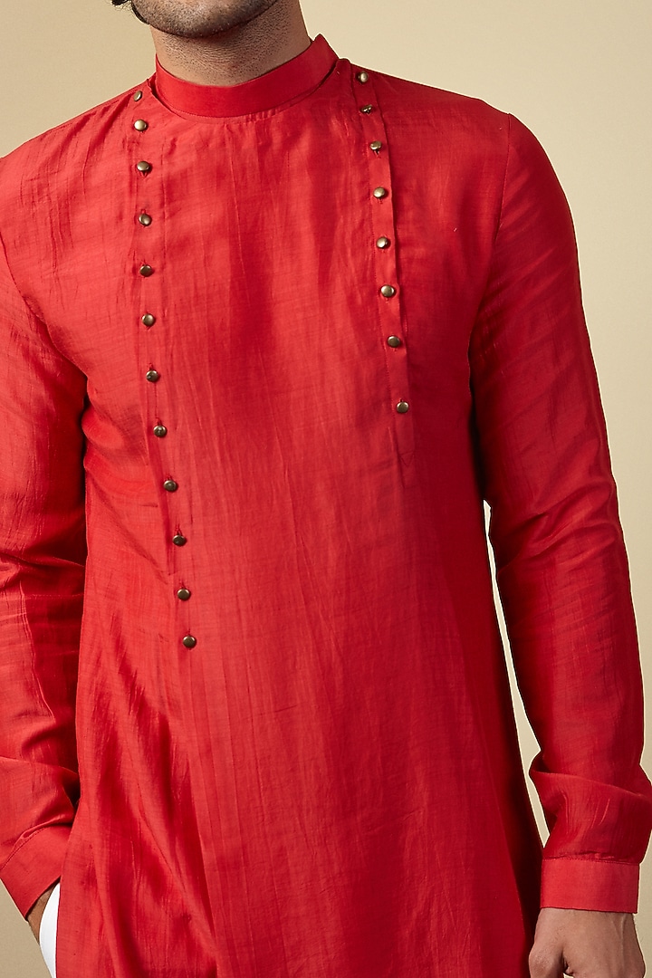 Red Cotton Silk Kurta set by SEVENDC MEN at Pernia's Pop Up Shop