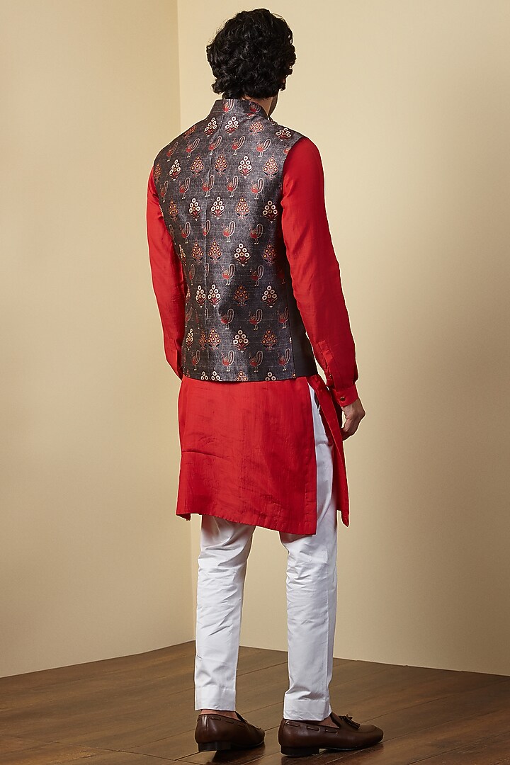 Grey Silk Printed Bundi Jacket by SEVENDC MEN at Pernia's Pop Up Shop