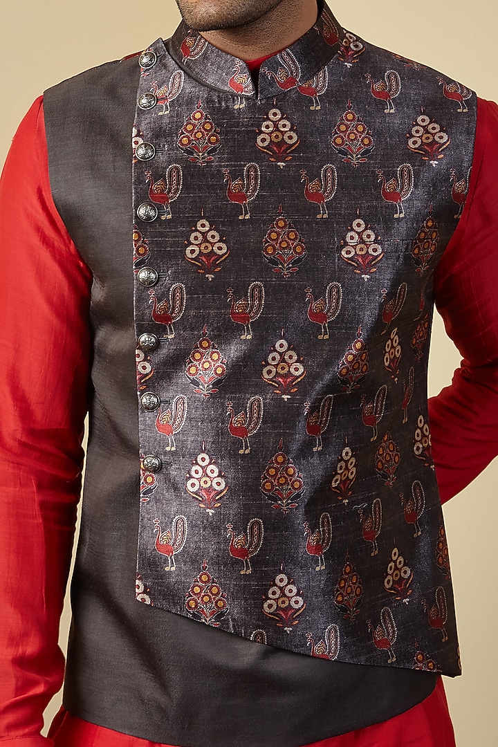 Grey Silk Printed Bundi Jacket by SEVENDC MEN at Pernia's Pop Up Shop