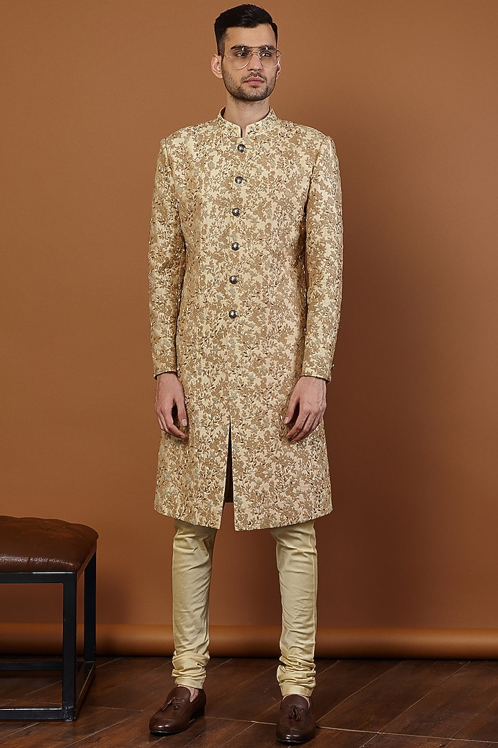 Beige Silk Dabka Embroidered Groom Sherwani Set by SEVENDC MEN at Pernia's Pop Up Shop