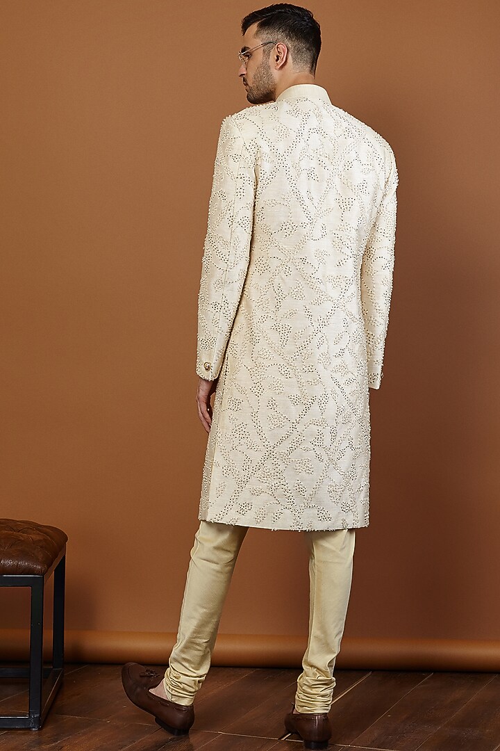 Ivory Zari Embroidered Groom Sherwani Set by SEVENDC MEN at Pernia's Pop Up Shop