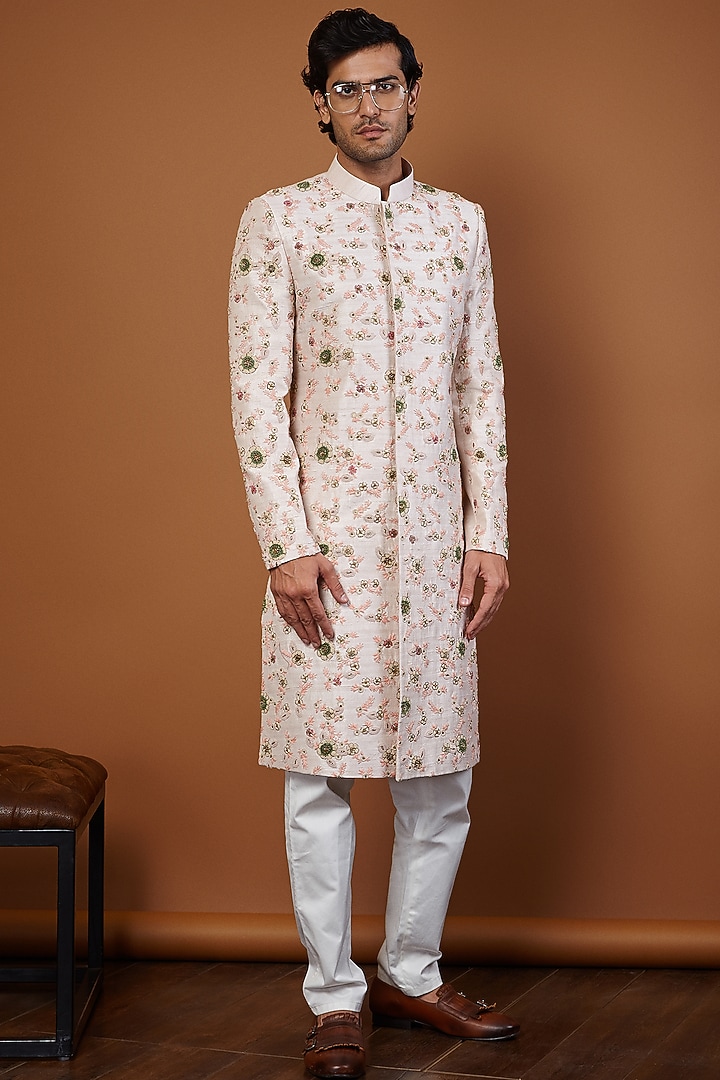 Light Pink Hand Embroidered Groom Sherwani Set by SEVENDC MEN at Pernia's Pop Up Shop