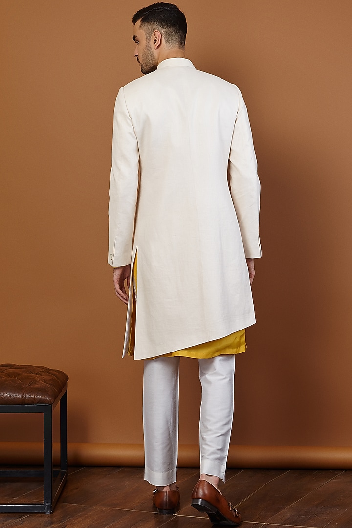 Ivory Linen Asymmetric Wedding Indowestern Set by SEVENDC MEN at Pernia's Pop Up Shop