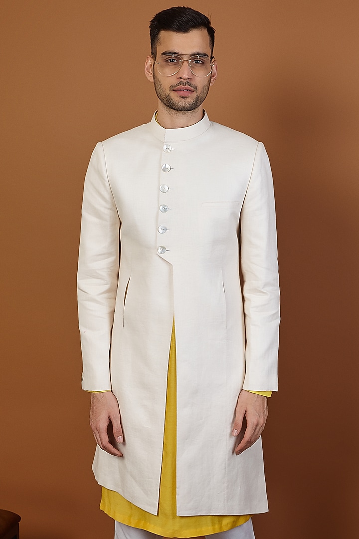 Ivory Linen Asymmetric Wedding Indowestern Set by SEVENDC MEN at Pernia's Pop Up Shop